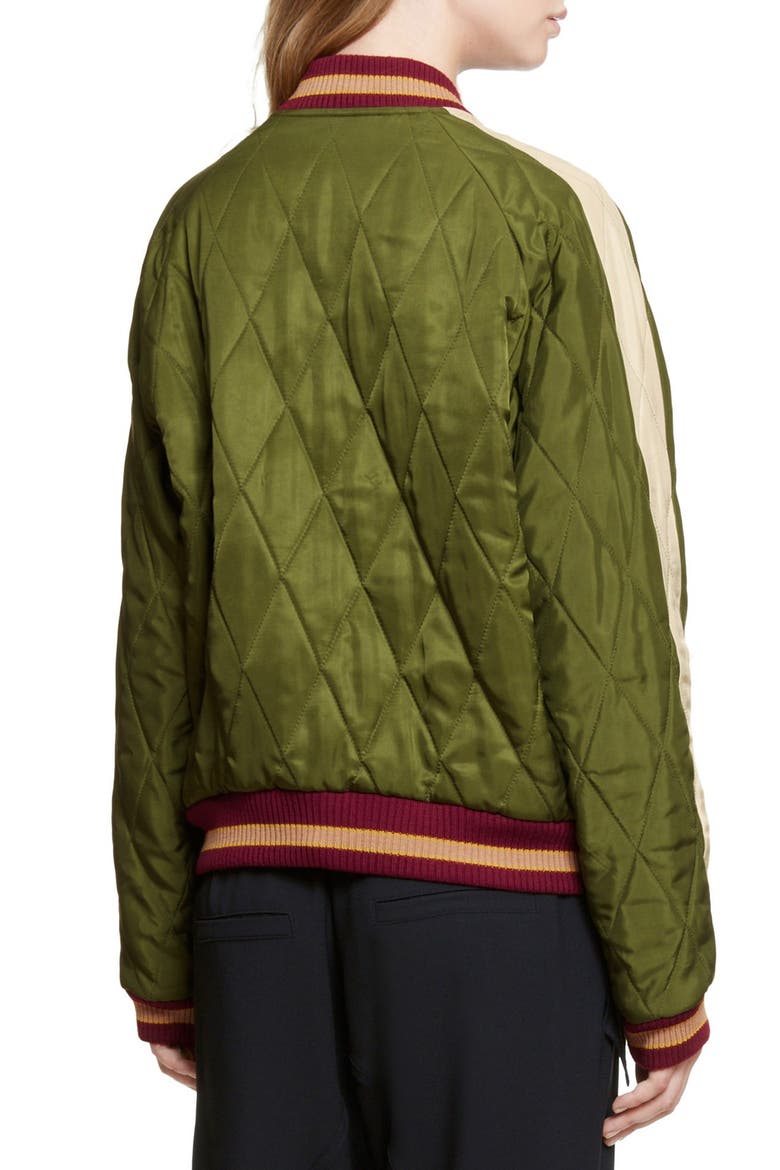 Reversible Embroidered Tech Satin Bomber Jacket, Alternate, color, DEEP GREEN