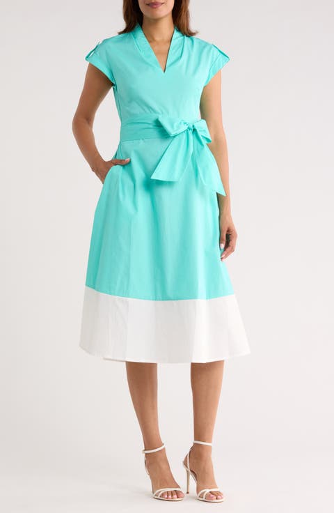 Colorblock Cap Sleeve Cotton Poplin Midi Dress