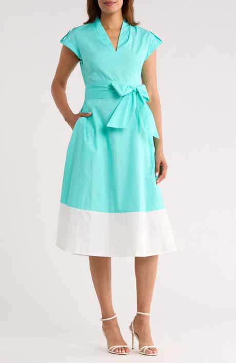 Vince Camuto Colorblock Cap Sleeve Cotton Poplin Midi Dress