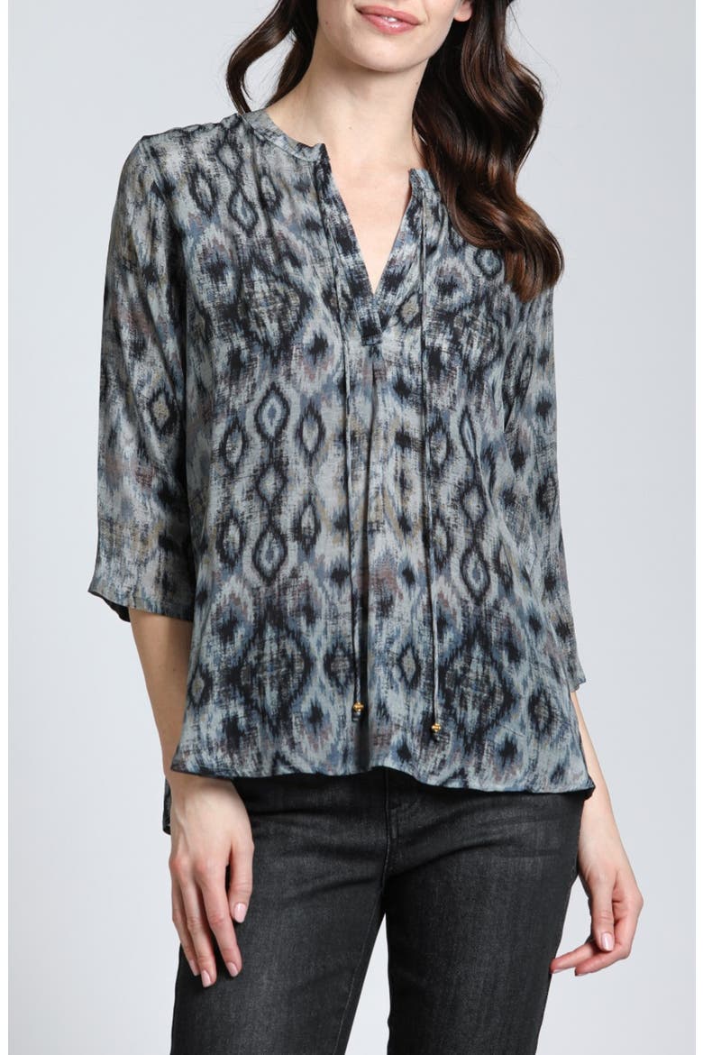 Print Tassel Split Neck Chiffon Top, Main, color, BLACK/GREY MULTI
