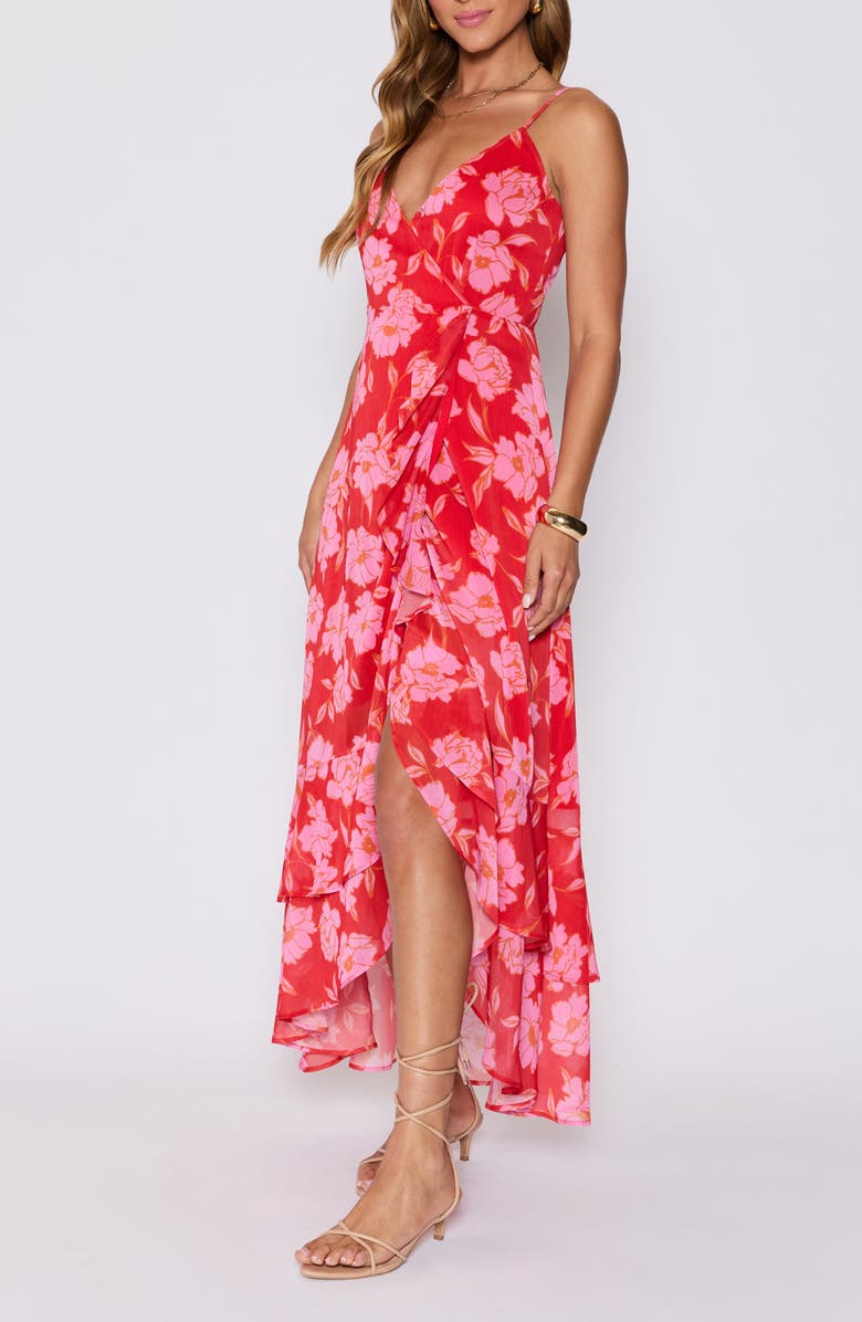 VICI Collection Escape to Paradise Ruffle High-Low Maxi Dress, Alternate, color, Red/ Pink Floral