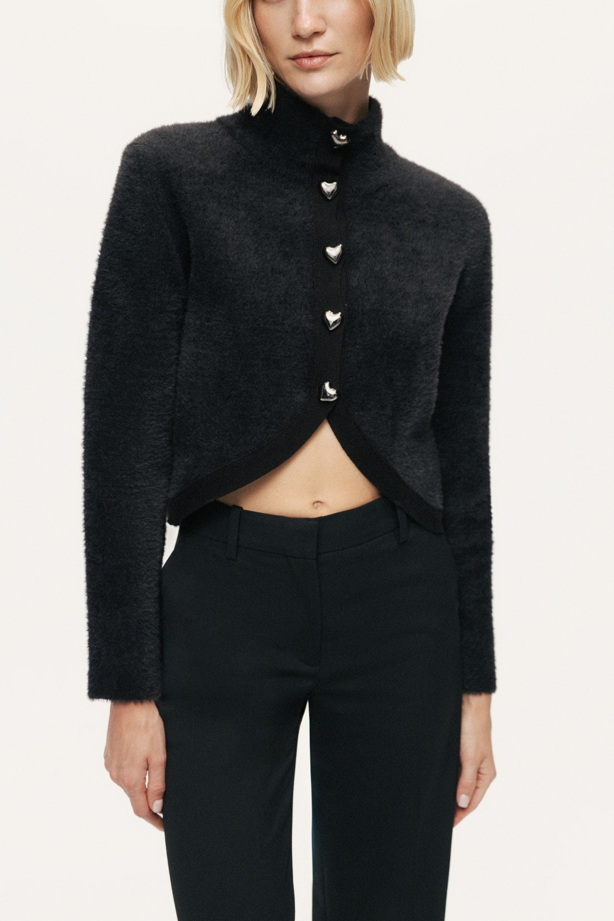 Heart-Button Cutaway Mock-Neck Cardigan