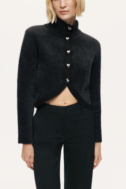 Heart-Button Cutaway Mock-Neck Cardigan