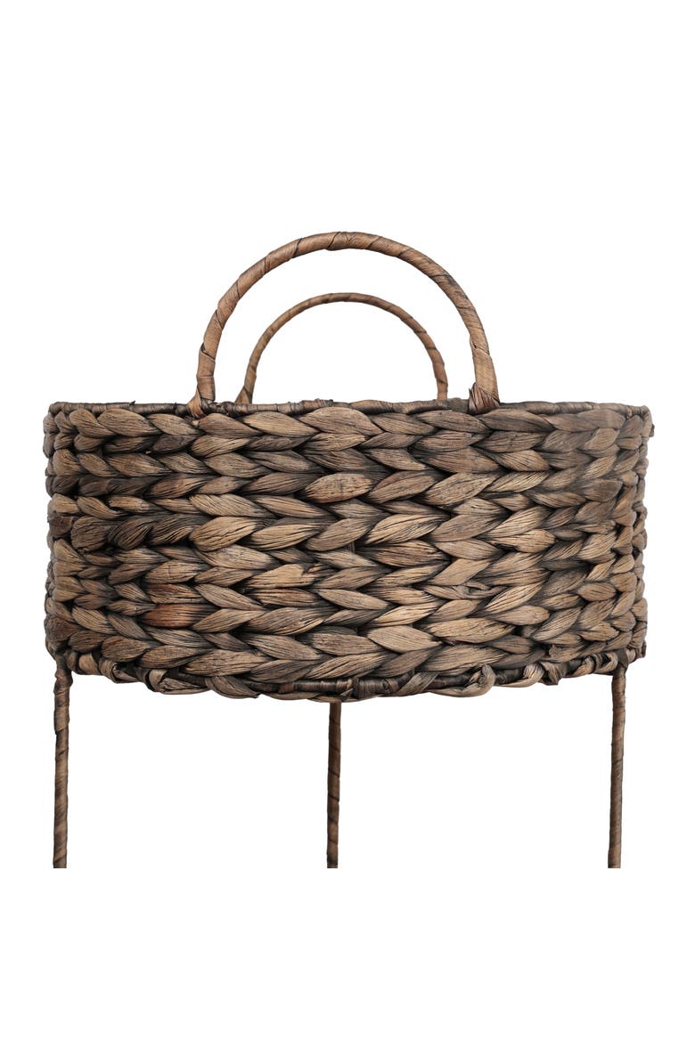 Levity Coastal Handwoven Water Hyacinth 3-Tier Round Freestanding Storage Rack with Metal Frame and Handles, Alternate, color, Brown