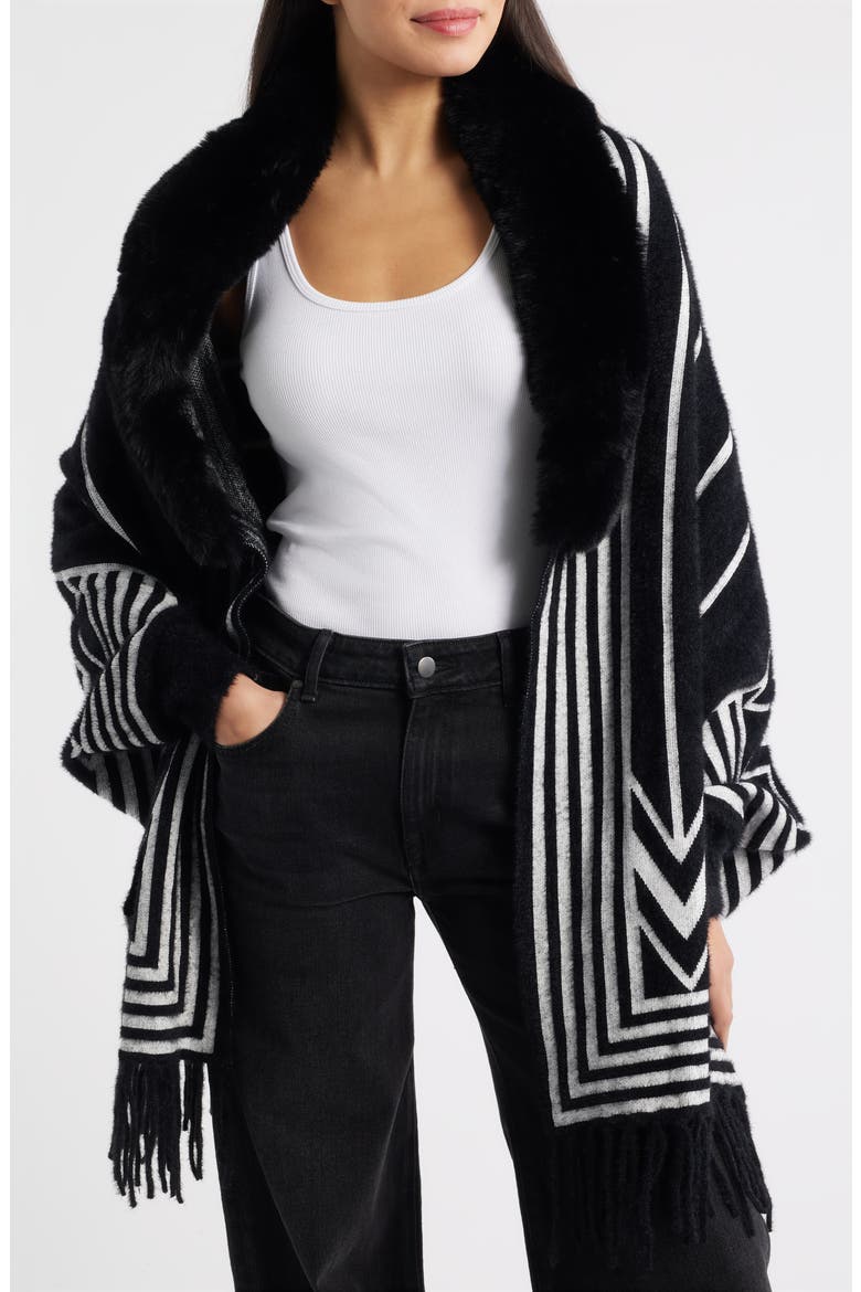 Lagertha Faux Fur Trim Wrap, Main, color, BLACK