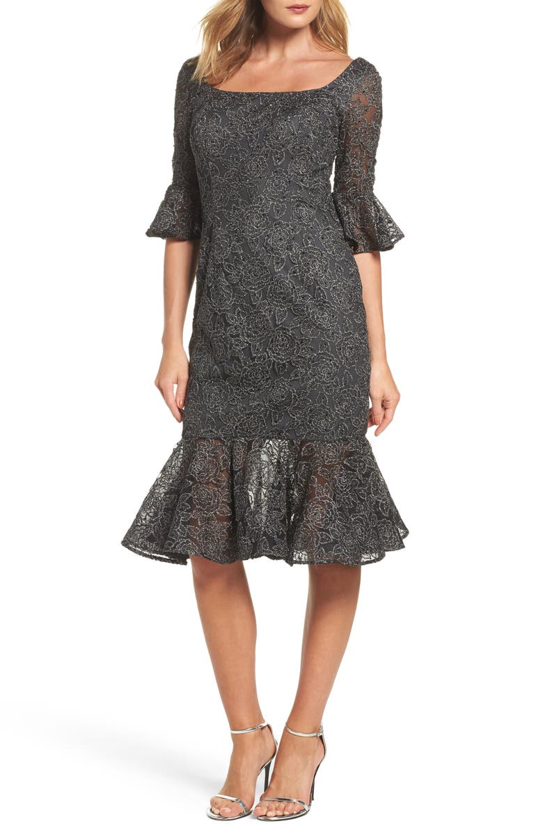 La Femme Mermaid Hem Embroidered Mesh Sheath Dress, Main, color,