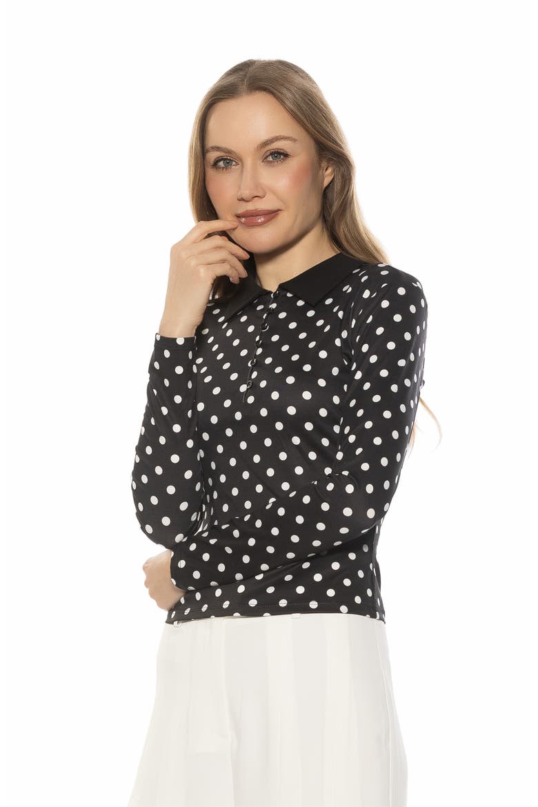 Marlo Long Sleeve Polo, Alternate, color, BLACK POLKA