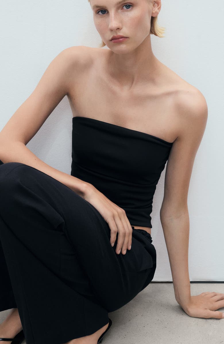 MANGO Drawstring Waist Linen Blend Pants, Alternate, color, Black