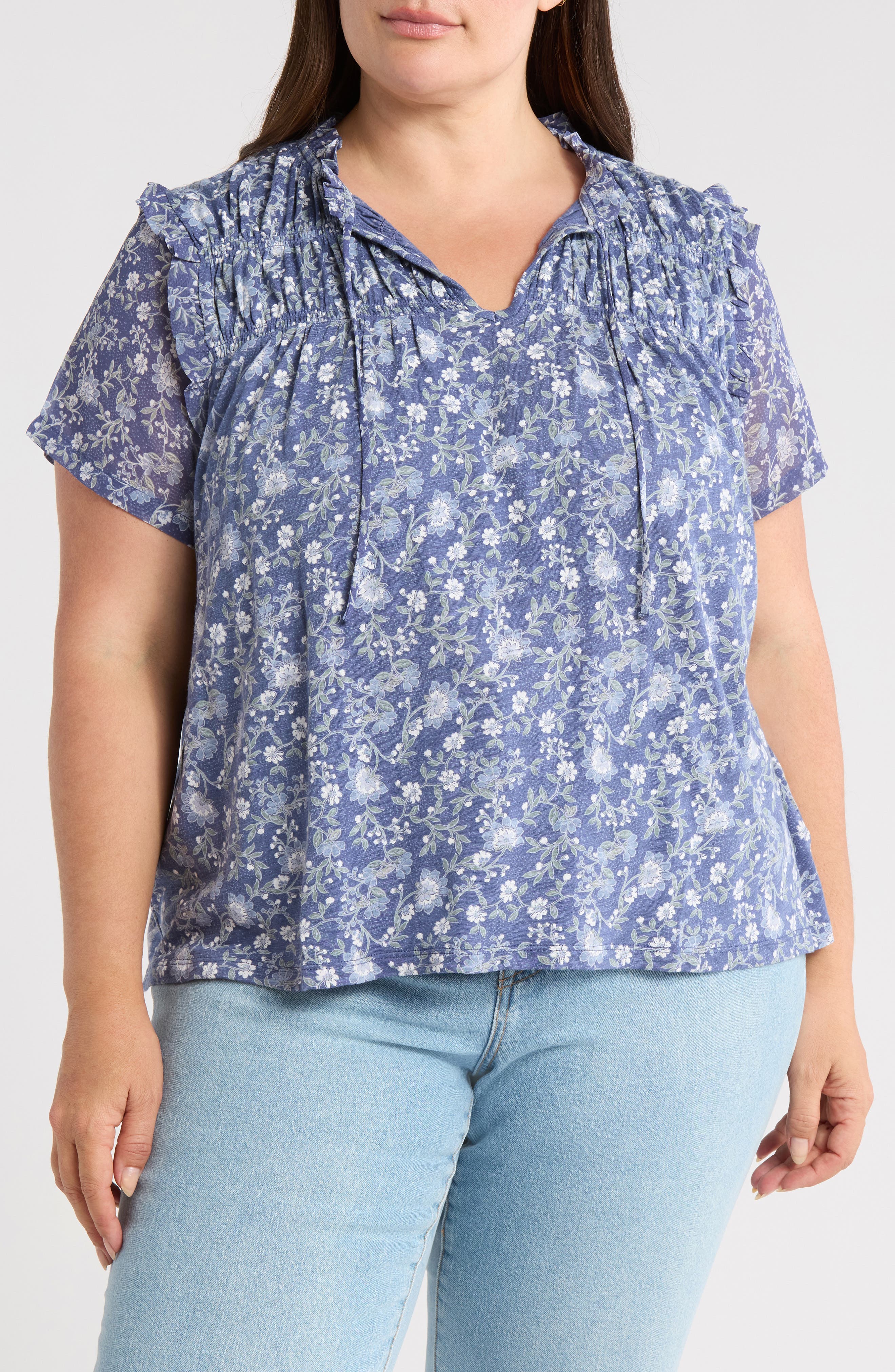 Lucky Brand Floral Flutter Sleeve Cotton Blend Top