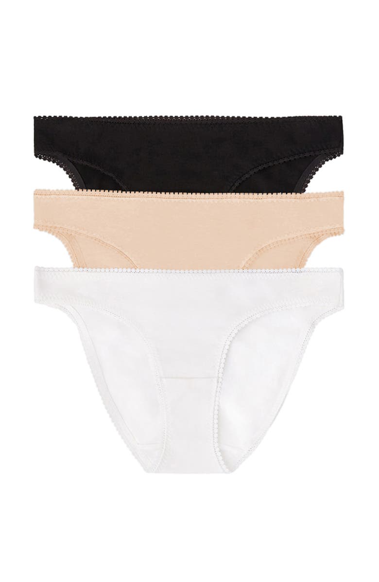 On Gossamer 3-Pack Cotton Hip Bikinis, Main, color, Black/White/Champagne