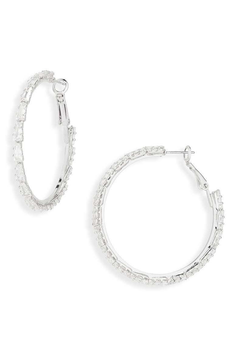 Baguette Cubic Zirconia Hoop Earrings, Main, color, SILVER