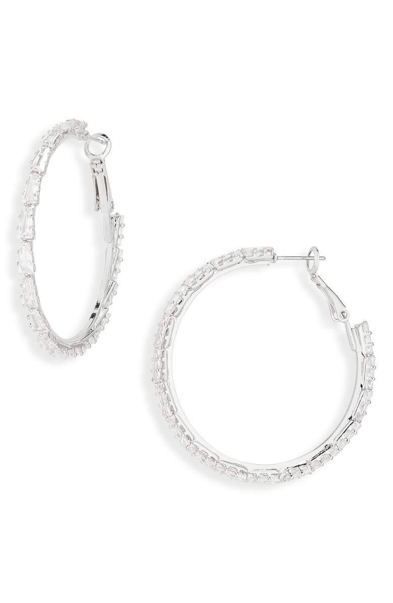 Cara Baguette Cubic Zirconia Hoop Earrings, Main, color, Silver