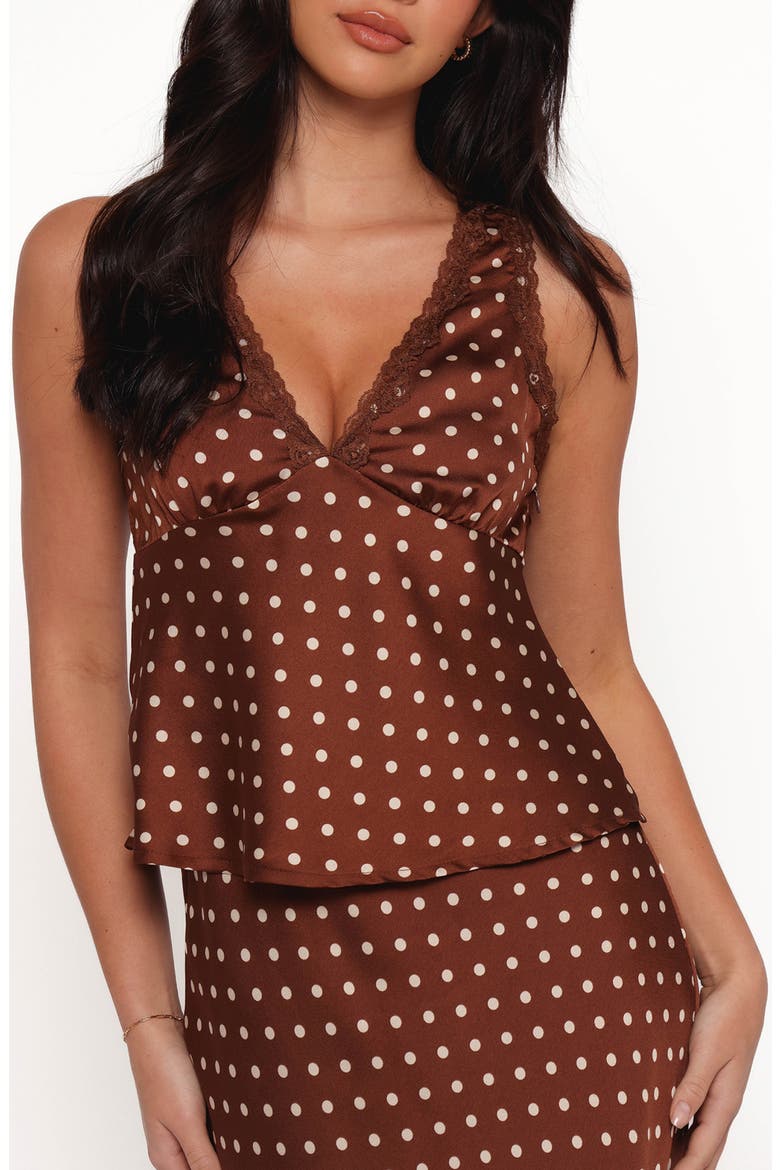 Kelso Polka Dot Lace Trim Satin Tank, Main, color, BROWN POLKA DOT