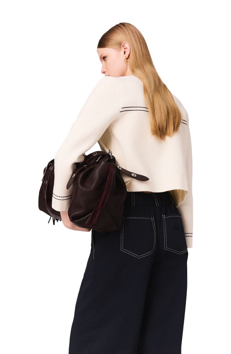 maje Topstitched cropped cardigan, Alternate, color, Ecru