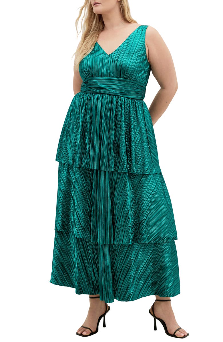City Chic Metallic Tiered Maxi Dress, Main, color, Emerald