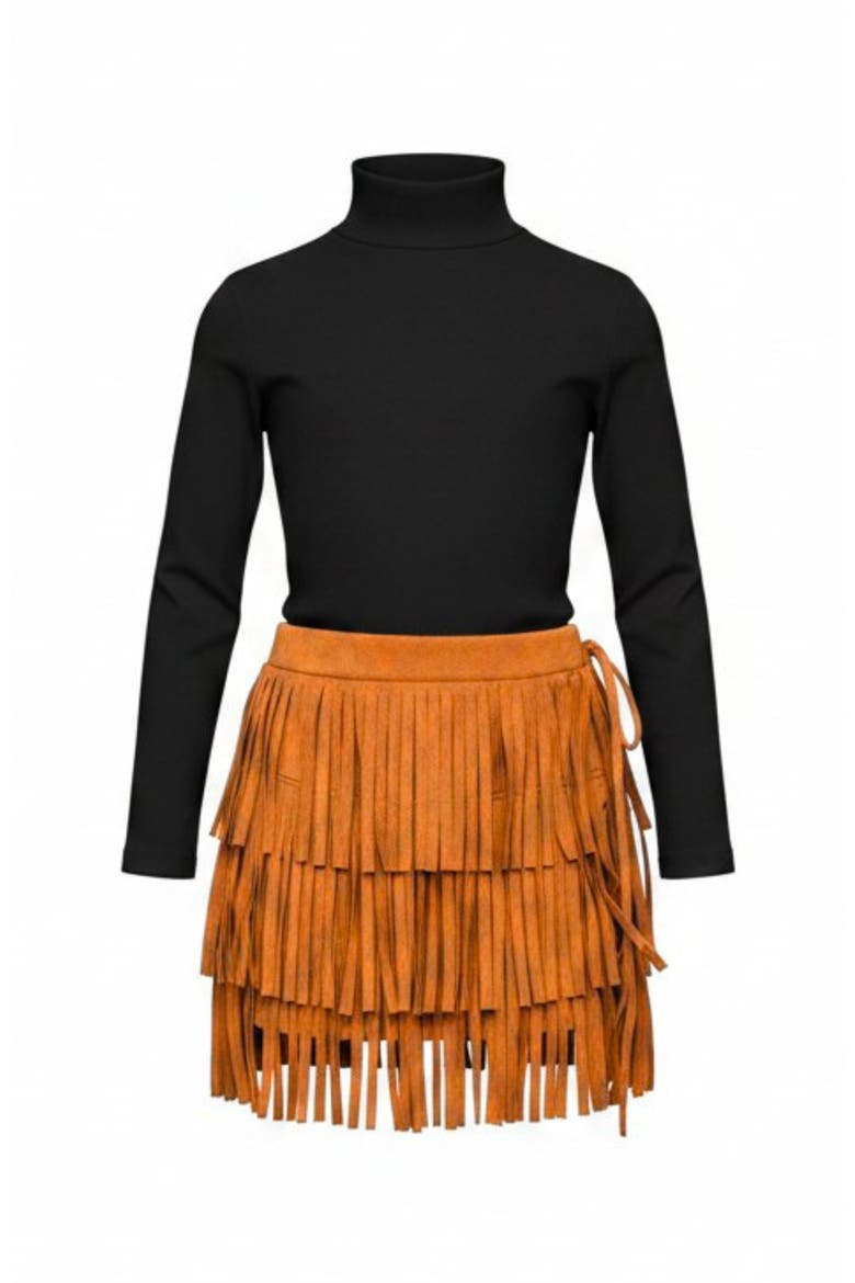 Boho Glam Rib Knit Top and Tan Fringe Suede Shorts, Main, color, Black