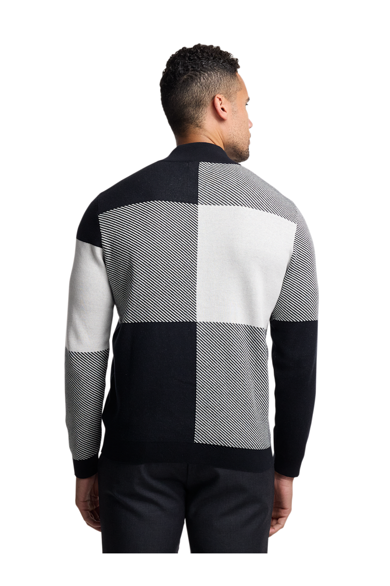 Cotton Full Zip Mock Neck Sweater, Alternate, color, BLACK/WHITE GLEN PLAID