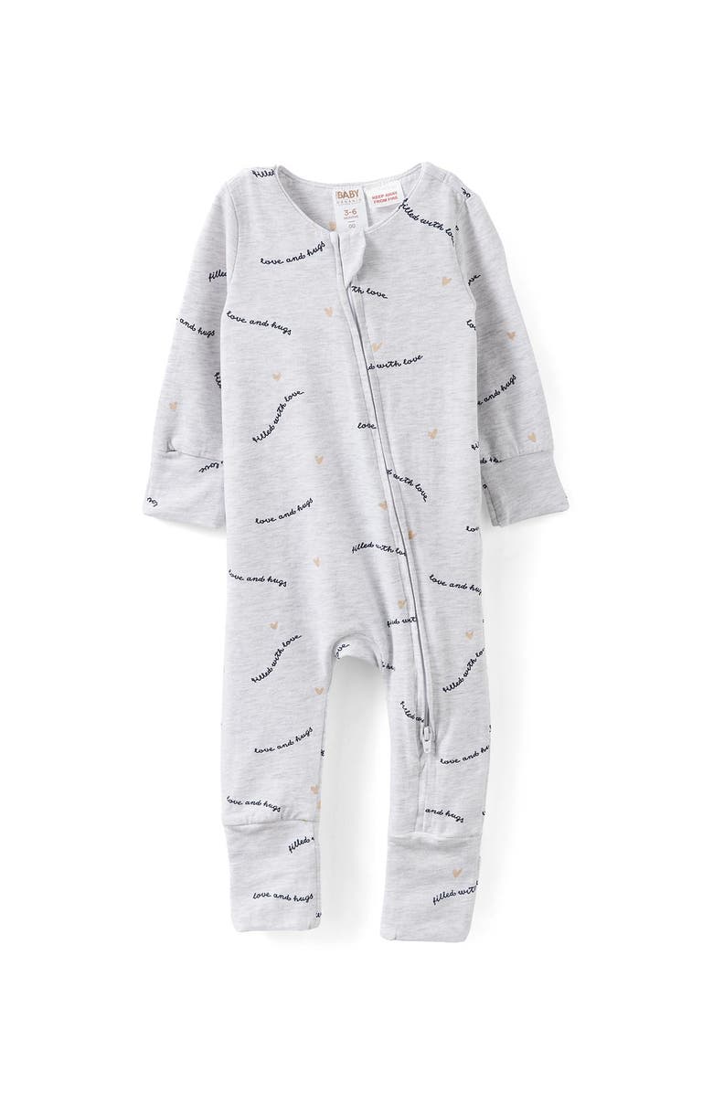 Cotton On Kids The Billie Long Sleeve Zip Romper, Main, color, Snow Marle Love And Hugs