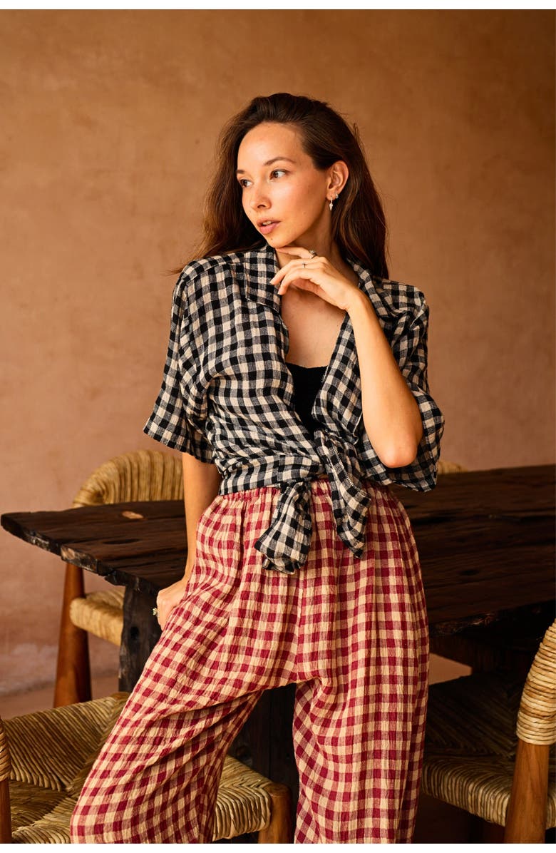 PINK HALEY Vanessa Linen Gingham Shirt, Alternate, color, Black Gingham