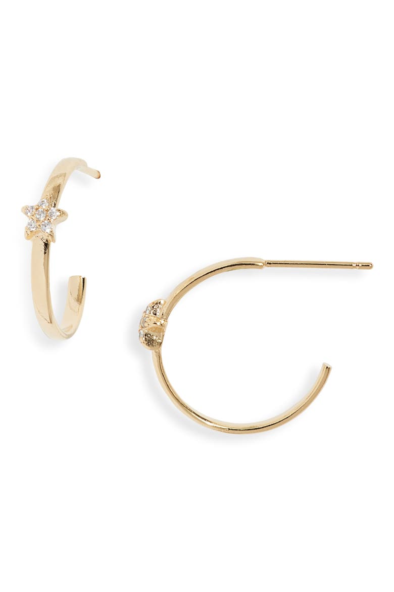 Single Cubic Zirconia Star Hoop Earrings, Main, color, GOLD