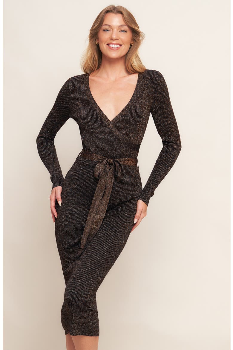 Long Sleeve Metallic Rib Midi Dress, Alternate, color, BLACK BRONZE
