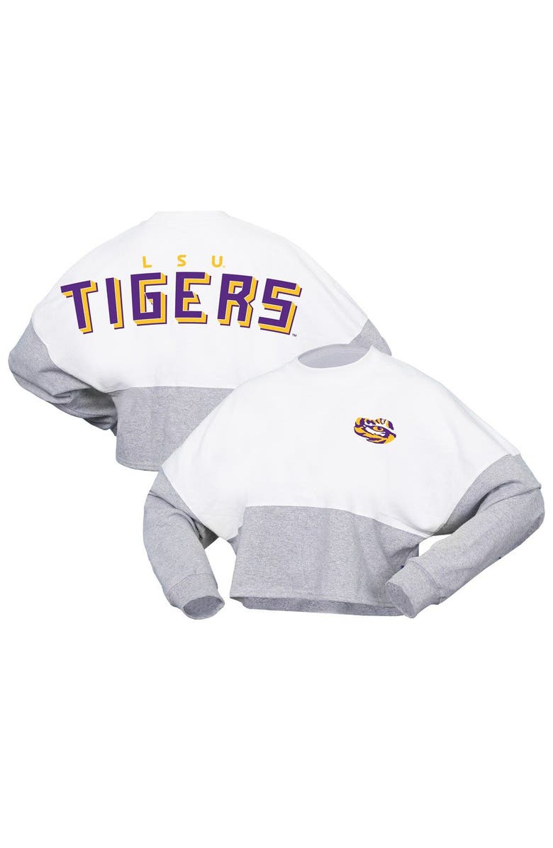 SPIRIT JERSEY Women's Spirit Jersey  White LSU Tigers Heather Block Cropped Long Sleeve Jersey T-Shirt, Main, color, White