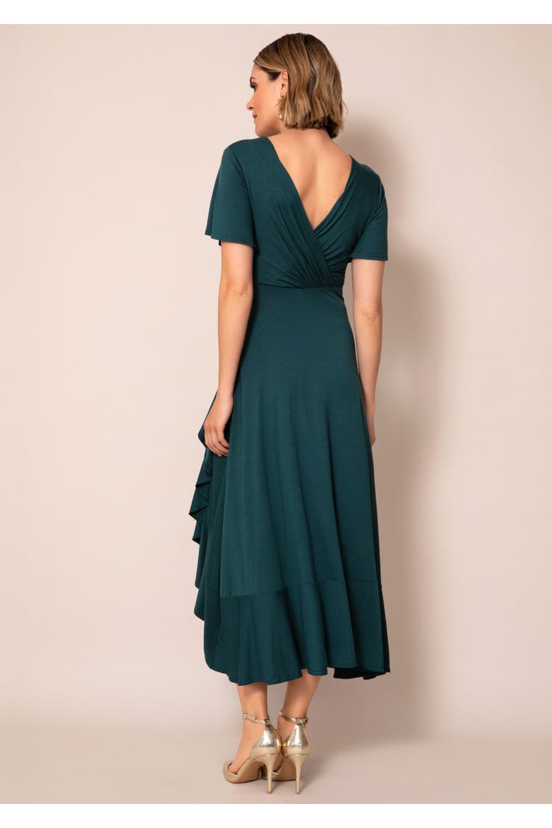 Waterfall Wrap Midi Dress Cascade Ruffle, Alternate, color, Pine Green