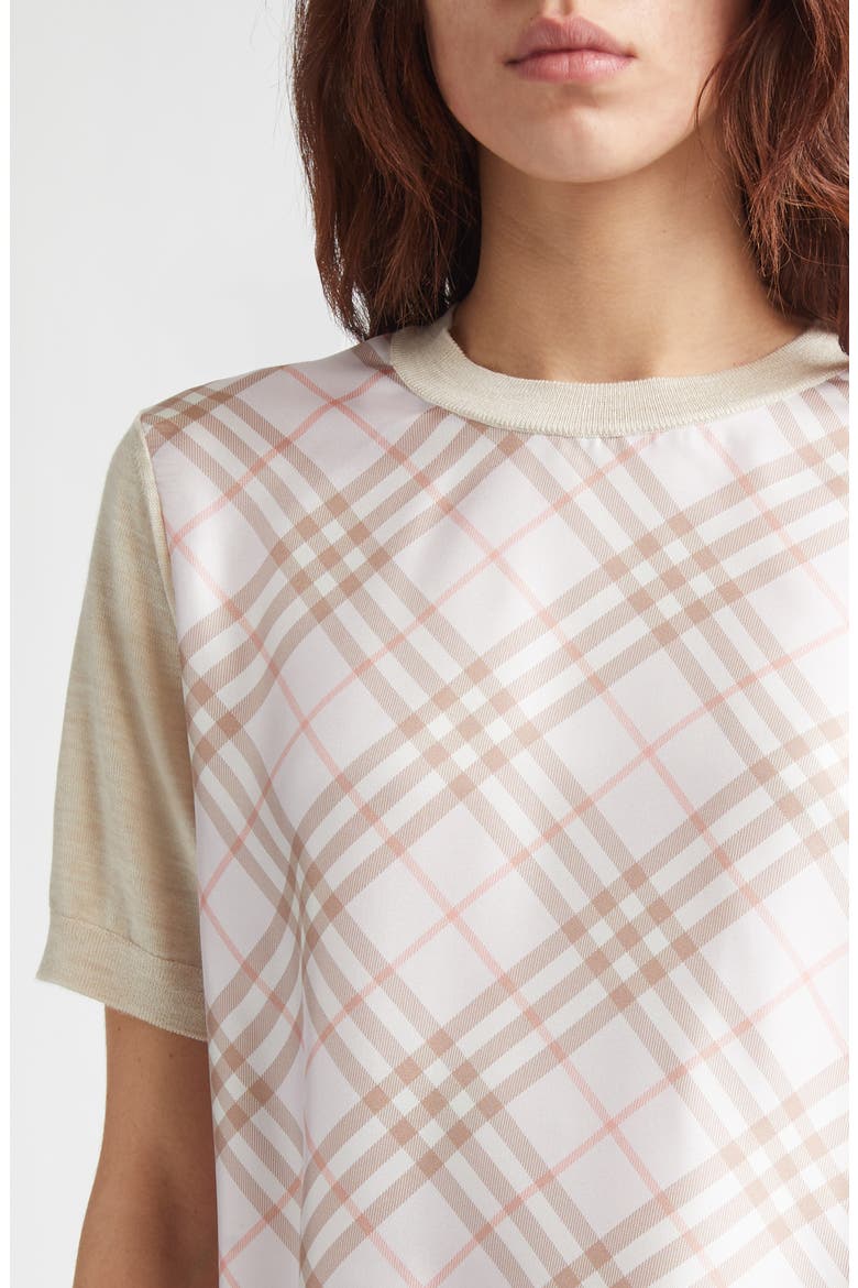 Sandrina Scarf Front Short Sleeve Wool & Silk Crewneck Sweater, Alternate, color, BEIGE/ QUARTZ PINK IP CHECK