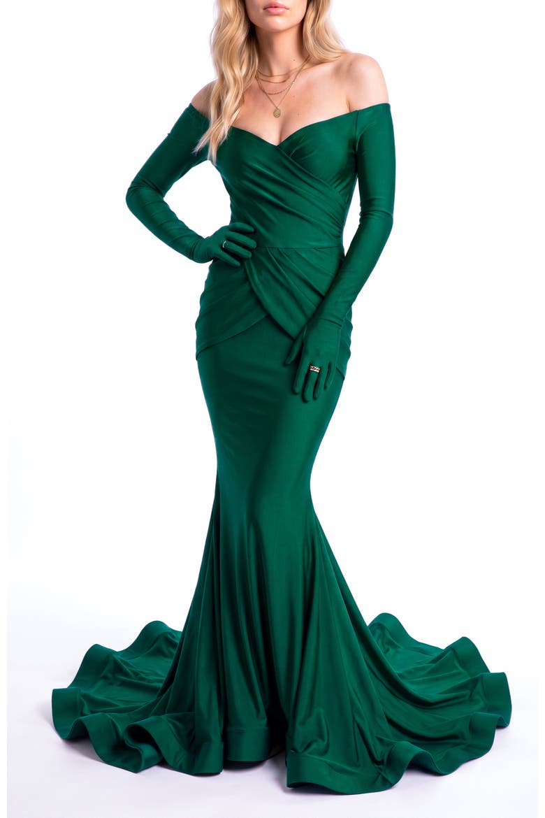 Off-the-Shoulder Draped Long Sleeve Mermaid Evening Gown, Alternate, color, Forest Green