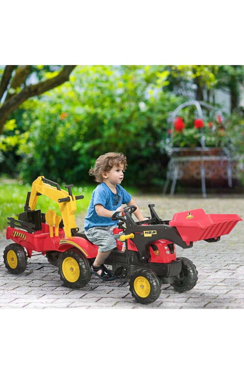 Aosom 3 in1 Kids Ride On Bulldozer with 6 Wheels, Controllable Cargo Trailer, Easy Pedal, Alternate, color, Red