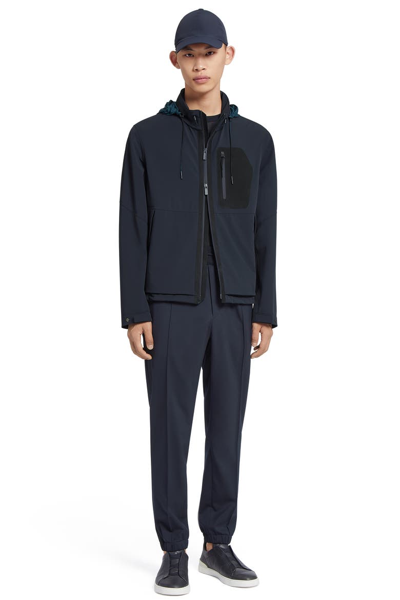 Water Repellent Stretch Nylon Hooded Zip Jacket, Alternate, color, NAVY