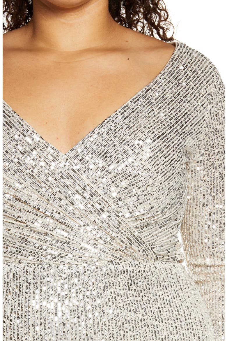 Short Sequin Plus Dress with Long Sleeves, Alternate, color, SILVER