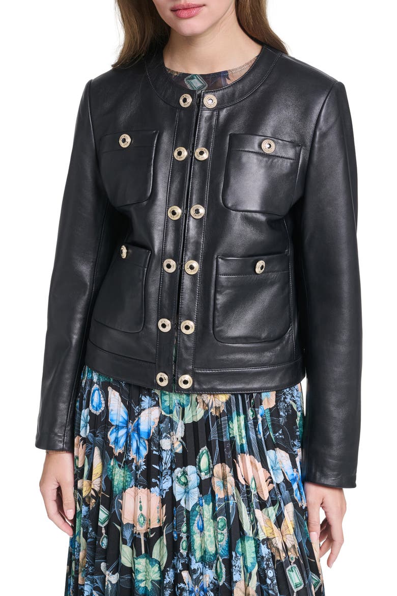 Collarless Leather Jacket, Main, color, BLACK