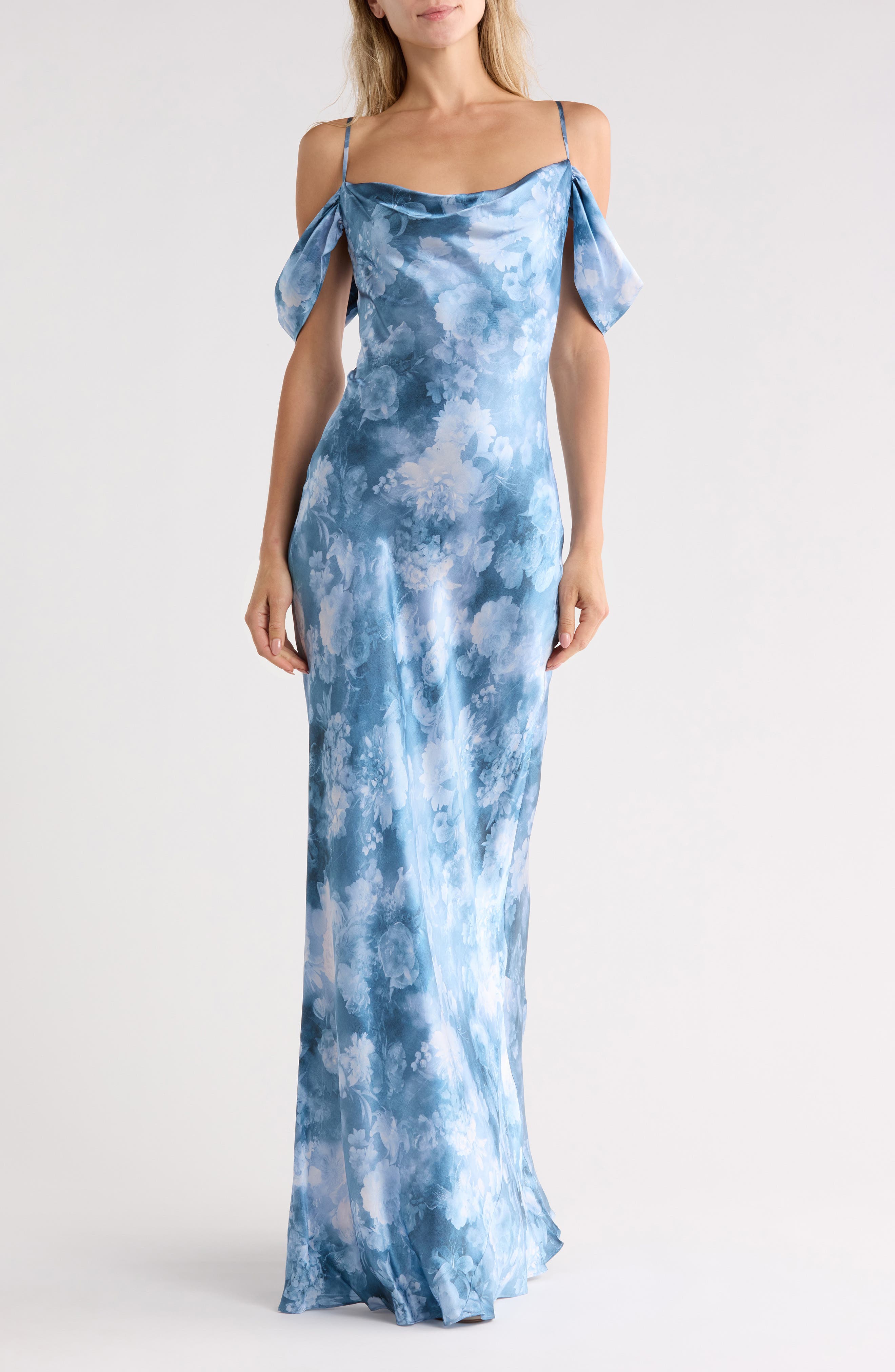 Kenna Cold Shoulder Cowl Neck Satin Dress