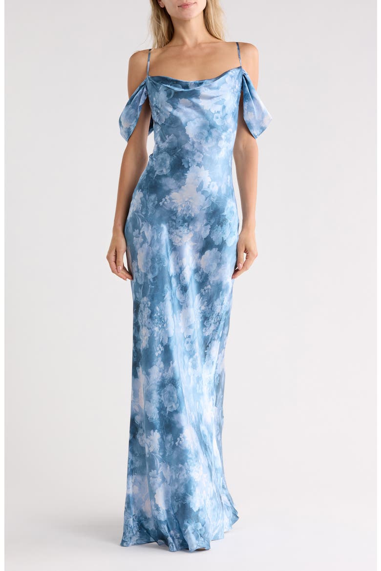 Kenna Cold Shoulder Cowl Neck Satin Dress, Main, color, DUSTY BLUE MULTI CLOUD