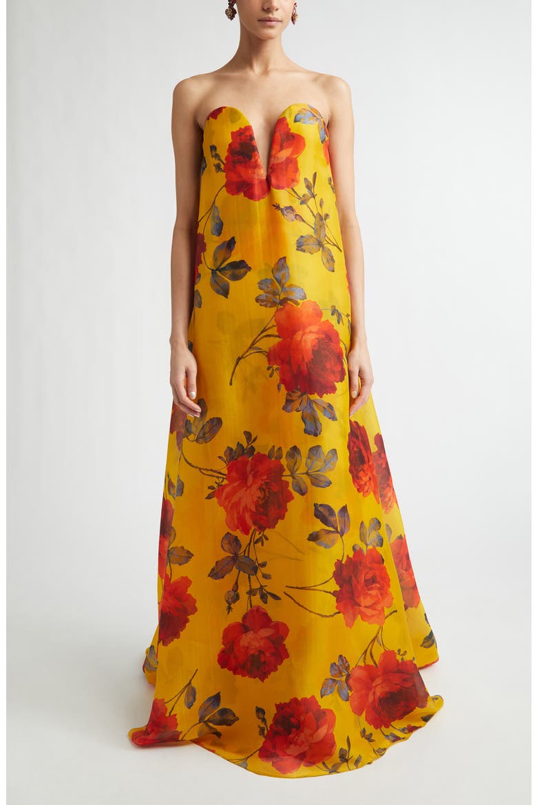 Rose Print Strapless Silk Organza Gown, Main, color, SAFFRON MULTI