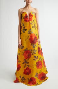 Carolina Herrera Rose Print Strapless Silk Organza Gown