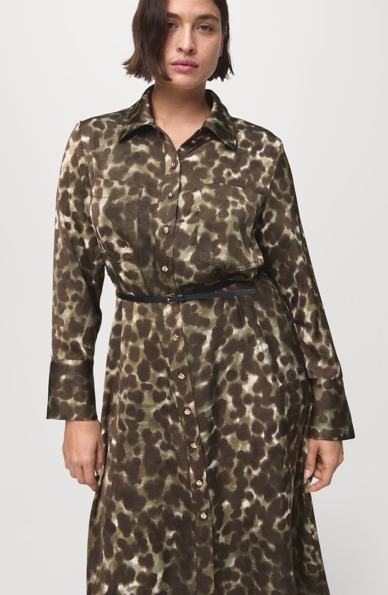 MANGO Print Belted Long Sleeve Maxi Shirtdress, Alternate, color, Khaki