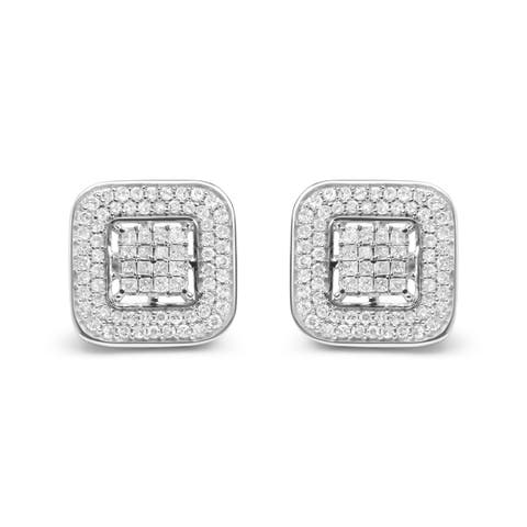 10K White Gold 1.0 Cttw Round and Princess Diamond Composite Halo Stud Earrings