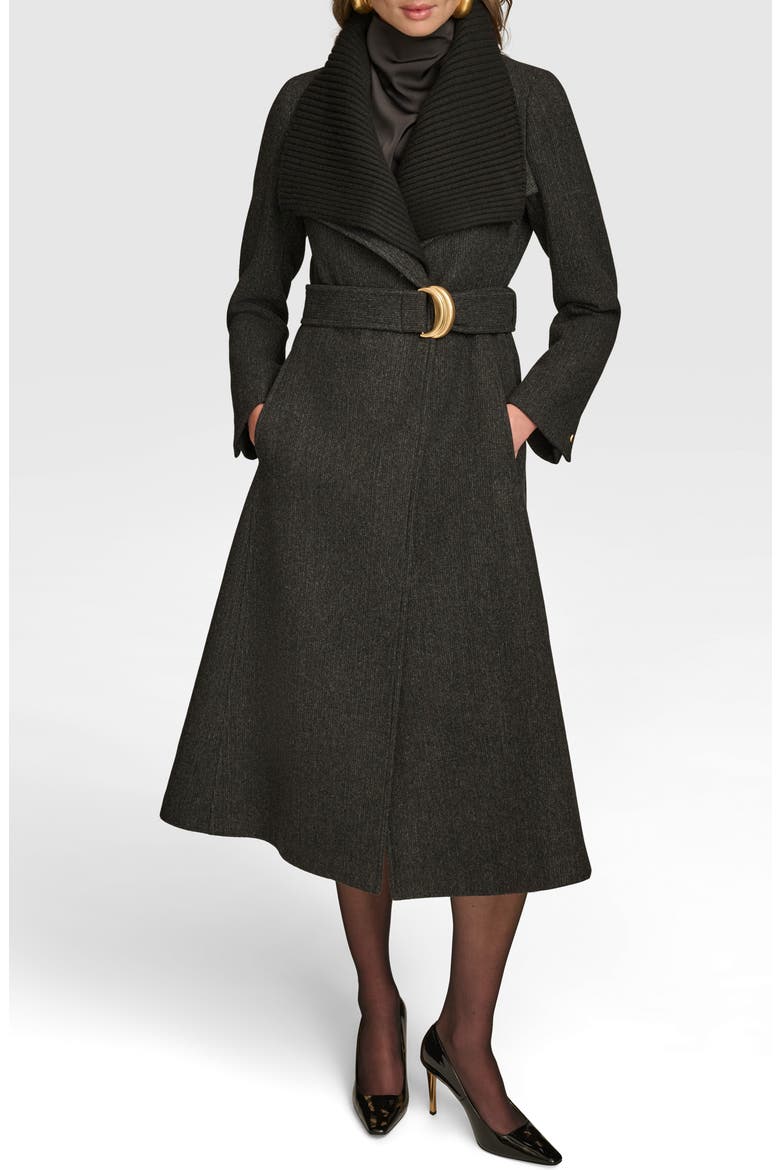 Rib Belted Wool Blend Wrap Coat with Bib, Main, color, BLACK