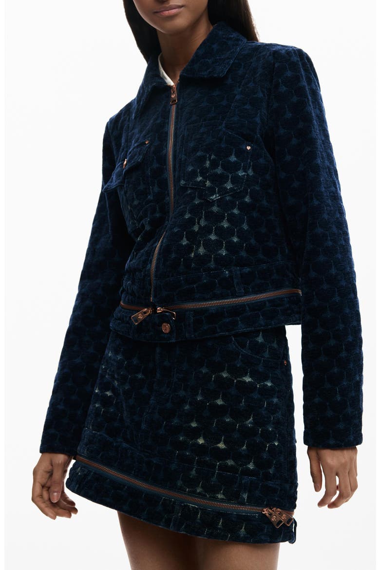 Flocked Denim Trucker Jacket, Alternate, color, DARK BLUE