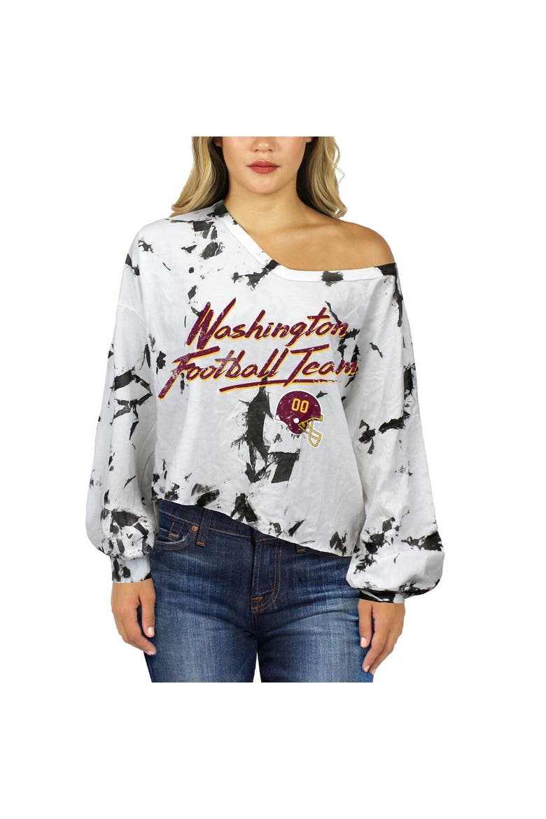 Women's Majestic Threads Chase Young White Washington Commanders Off-Shoulder Tie-Dye Name & Number Long Sleeve V-Neck Crop-Top T-Shirt, Alternate, color, White