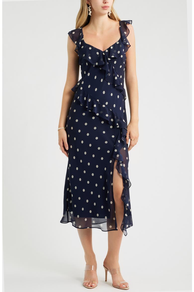 chelsea28 ruffle midi dress Chelsea28 Ruffle Midi Dress in Navy Polly Dot at Nordstrom, Size X-Small