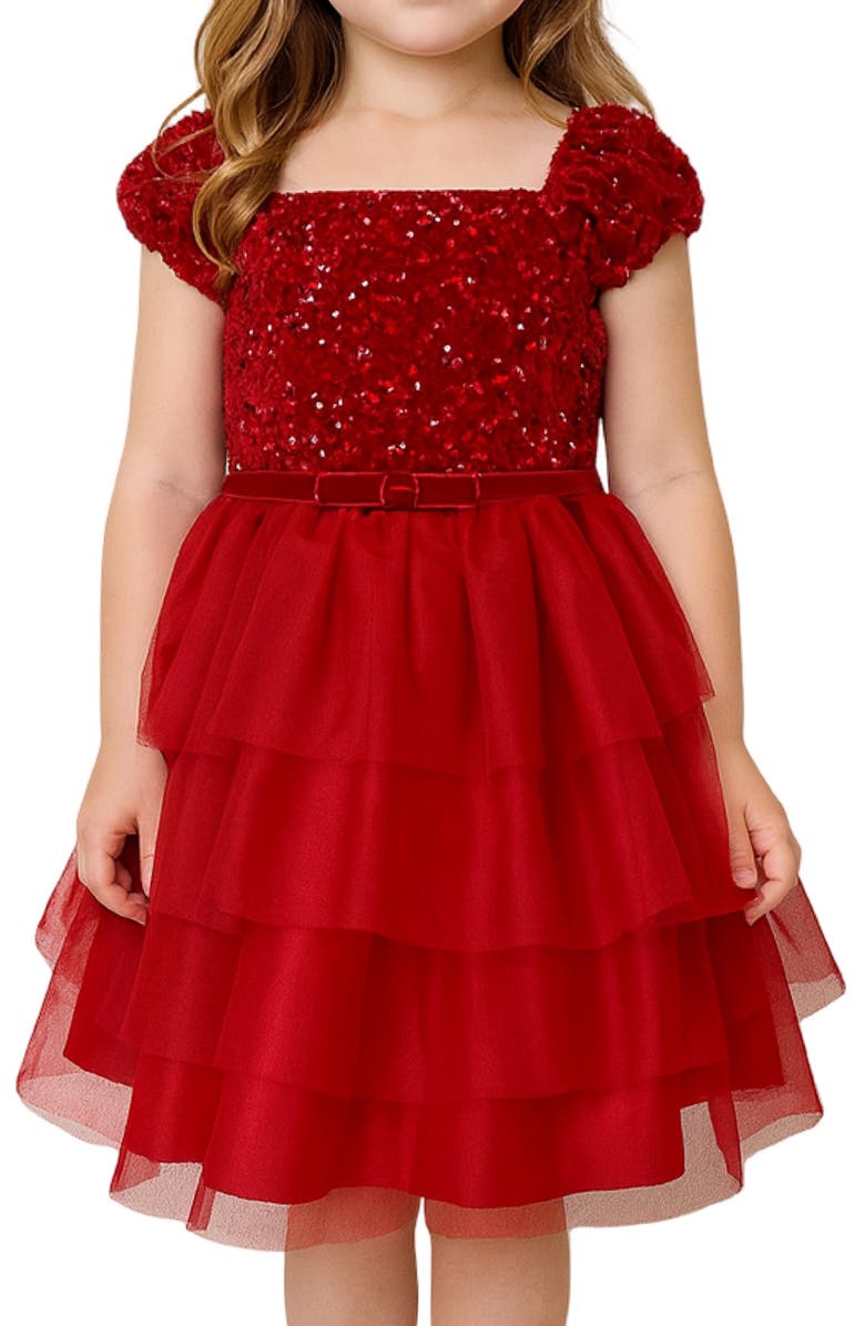 Zunie Kids' Sequin Bodice Cap Sleeve Tiered Mesh Party Dress, Alternate, color, Red