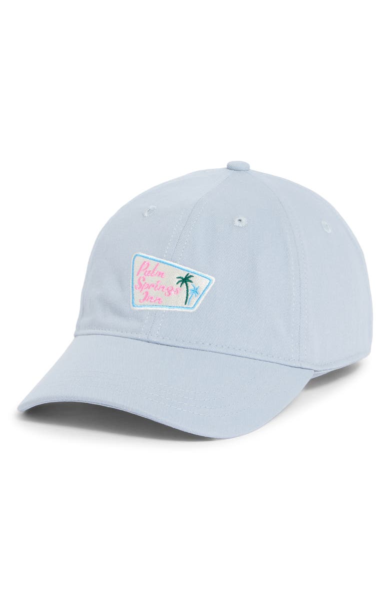FRASIER STERLING Embroidered Palm Spring Inn Canvas Adjustable Baseball Cap, Main, color, Blue