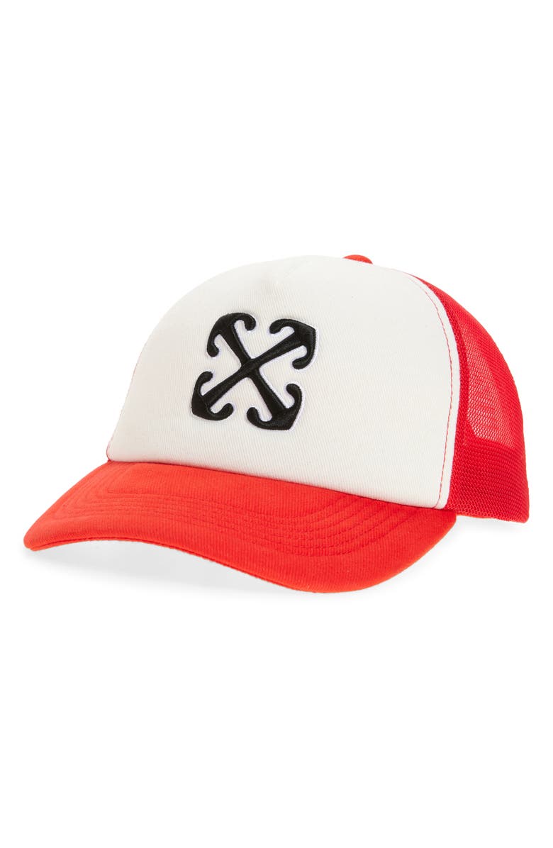 Off-White Embroidered Arrow Trucker Hat, Main, color, 