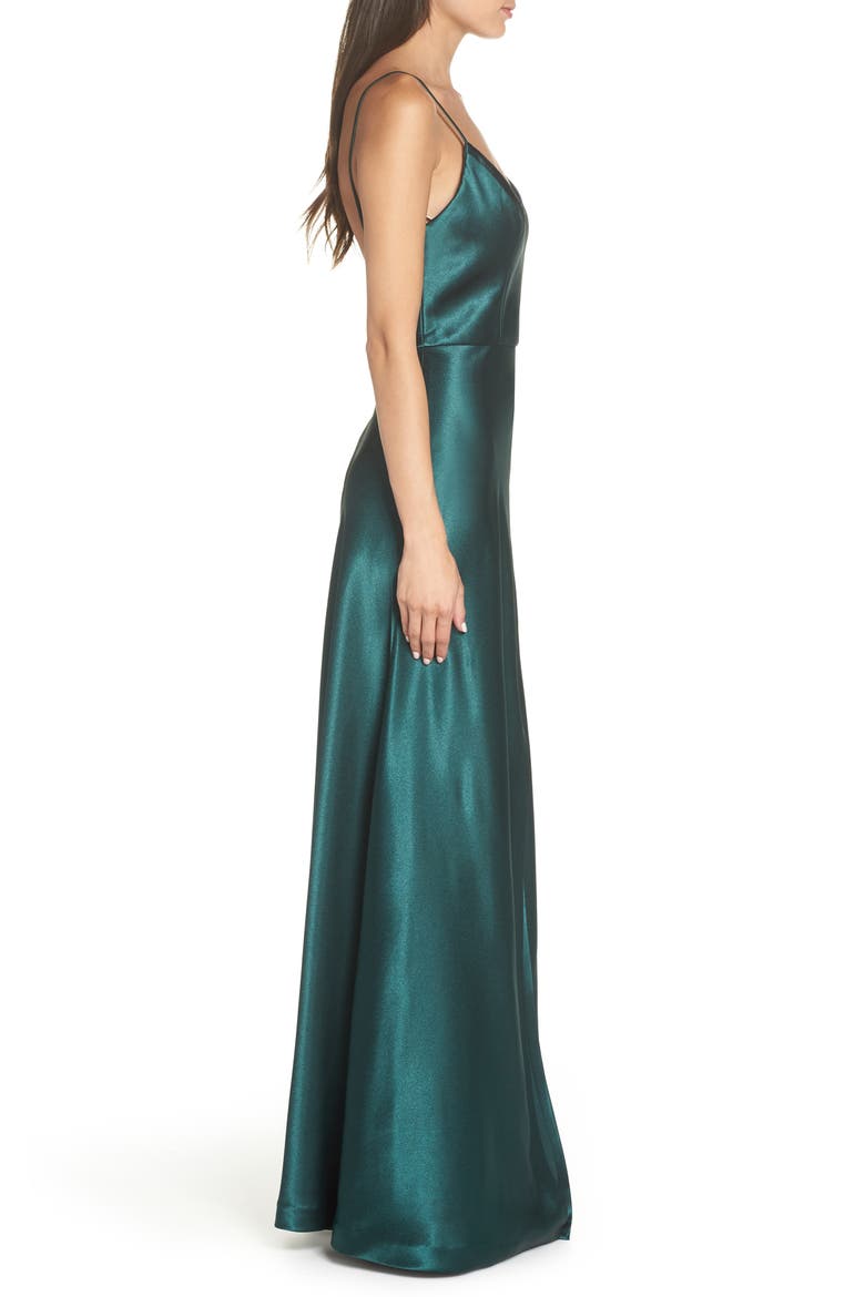Dina V-Neck Satin Crepe Gown, Alternate, color, EMERALD
