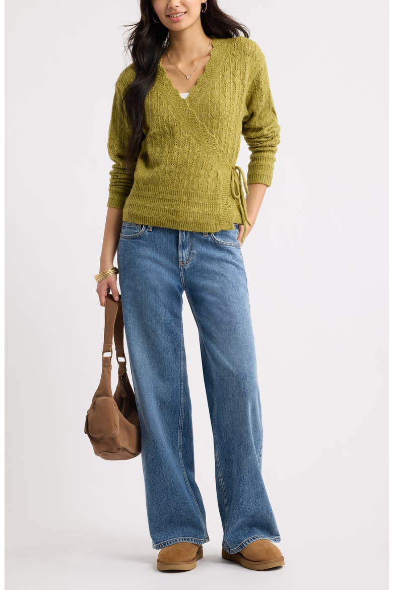 Pointelle Wrap Sweater, Alternate, color, OLIVE EYES