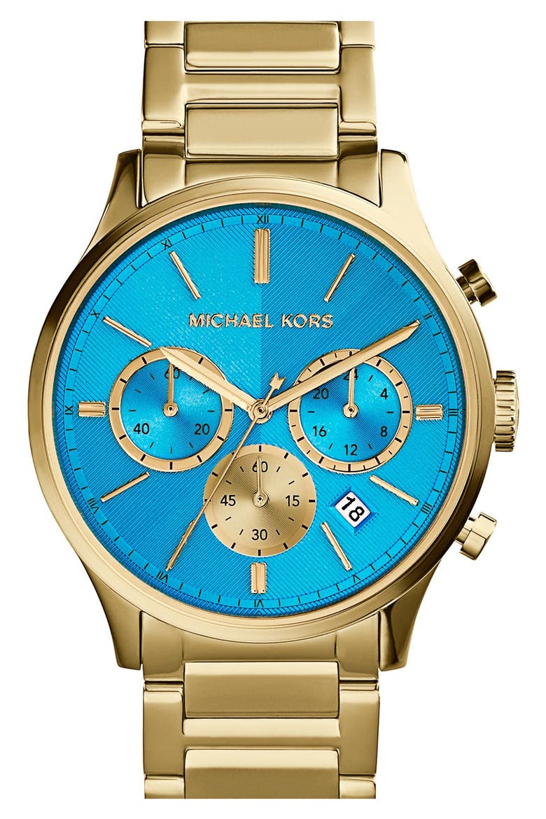 Michael Kors 'Bailey' Chronograph Bracelet Watch, 44mm, Main, color, GOLD/ TURQUOISE
