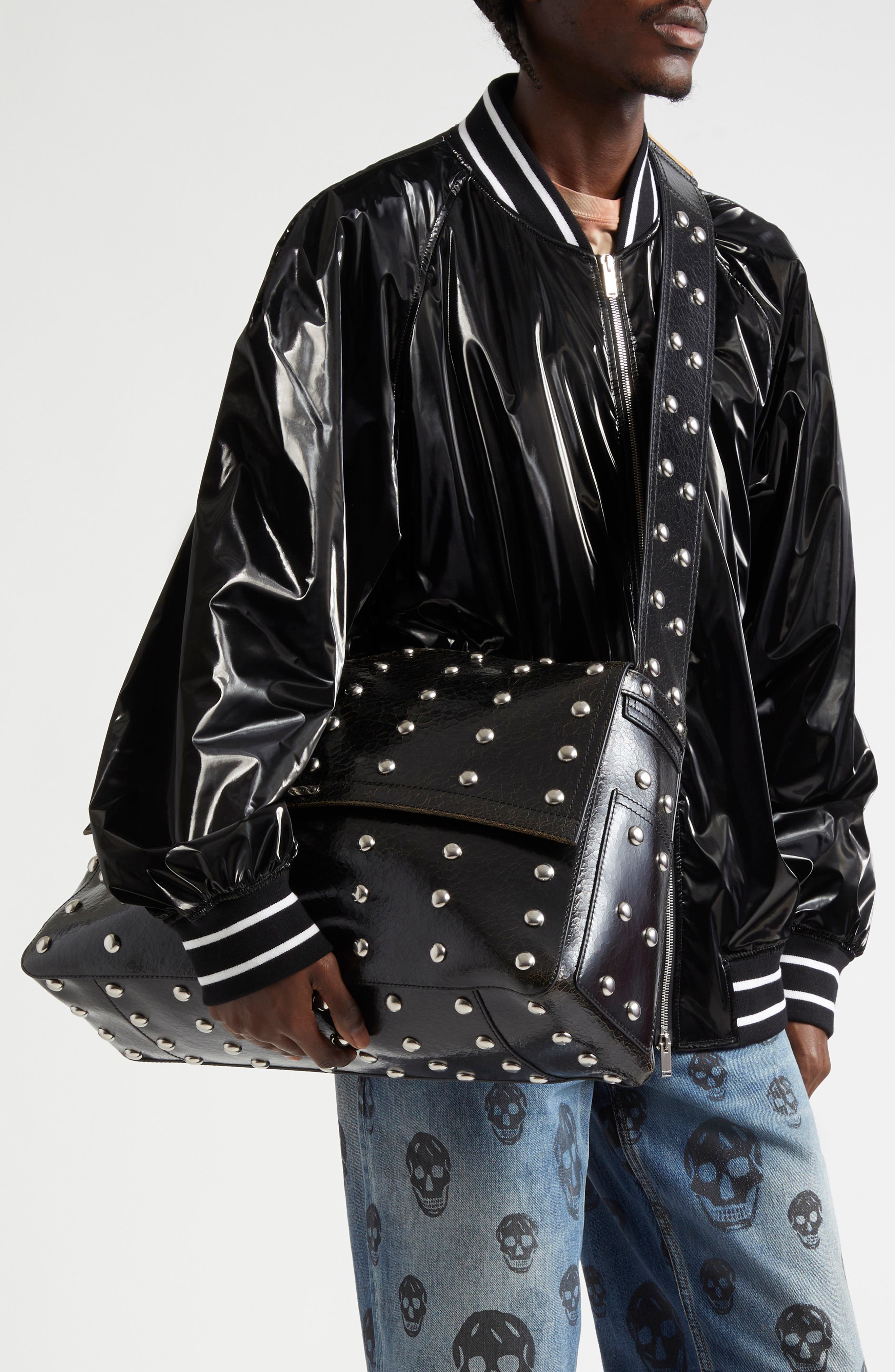 Large Slouch Studded Crackled Leather Messenger Bag, Alternate, color, BLACK/ CARAMEL/ SILVER